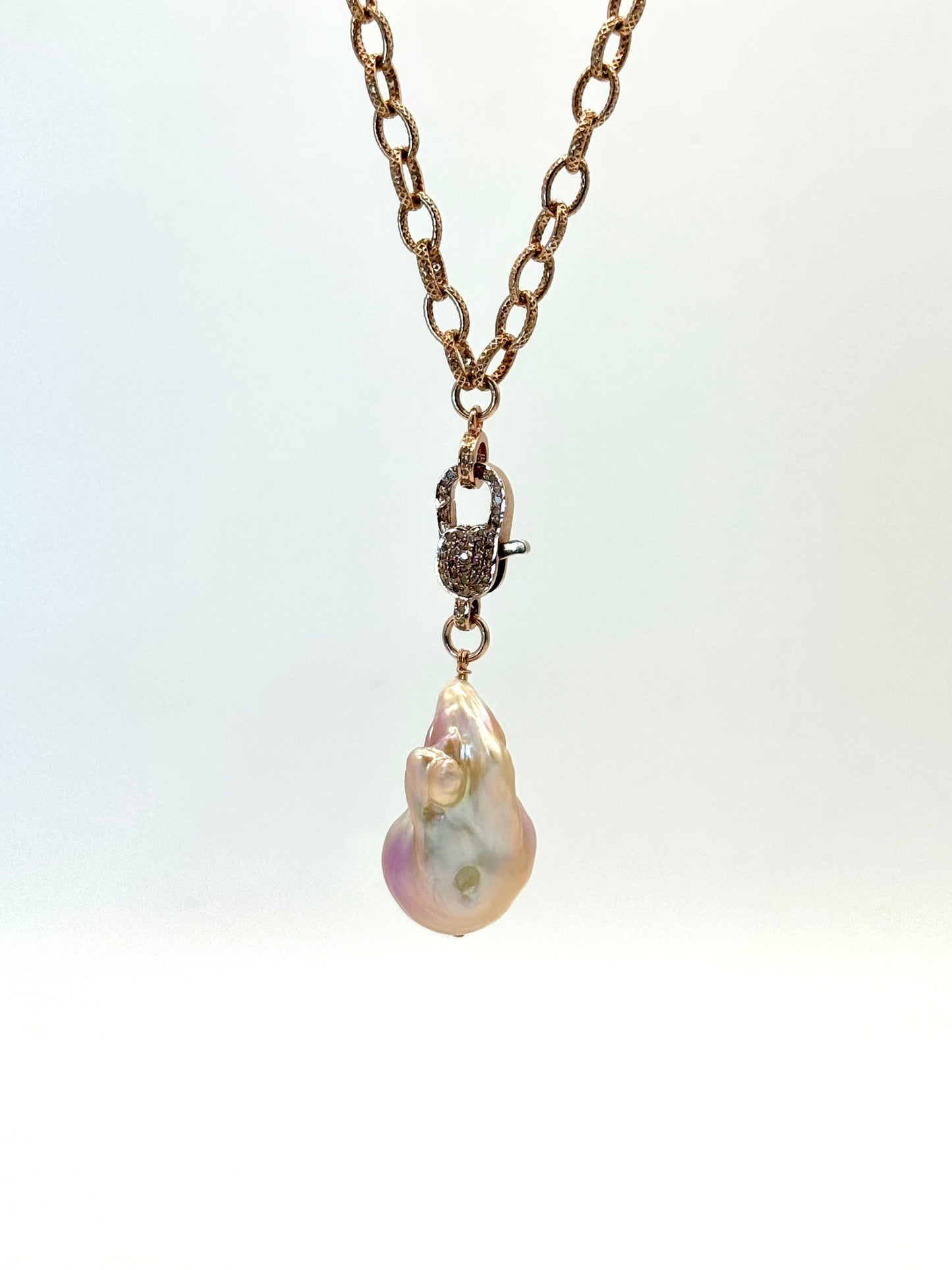 Pink Baroque Freshwater Pearl Diamond Clasp Rose Gold Necklace