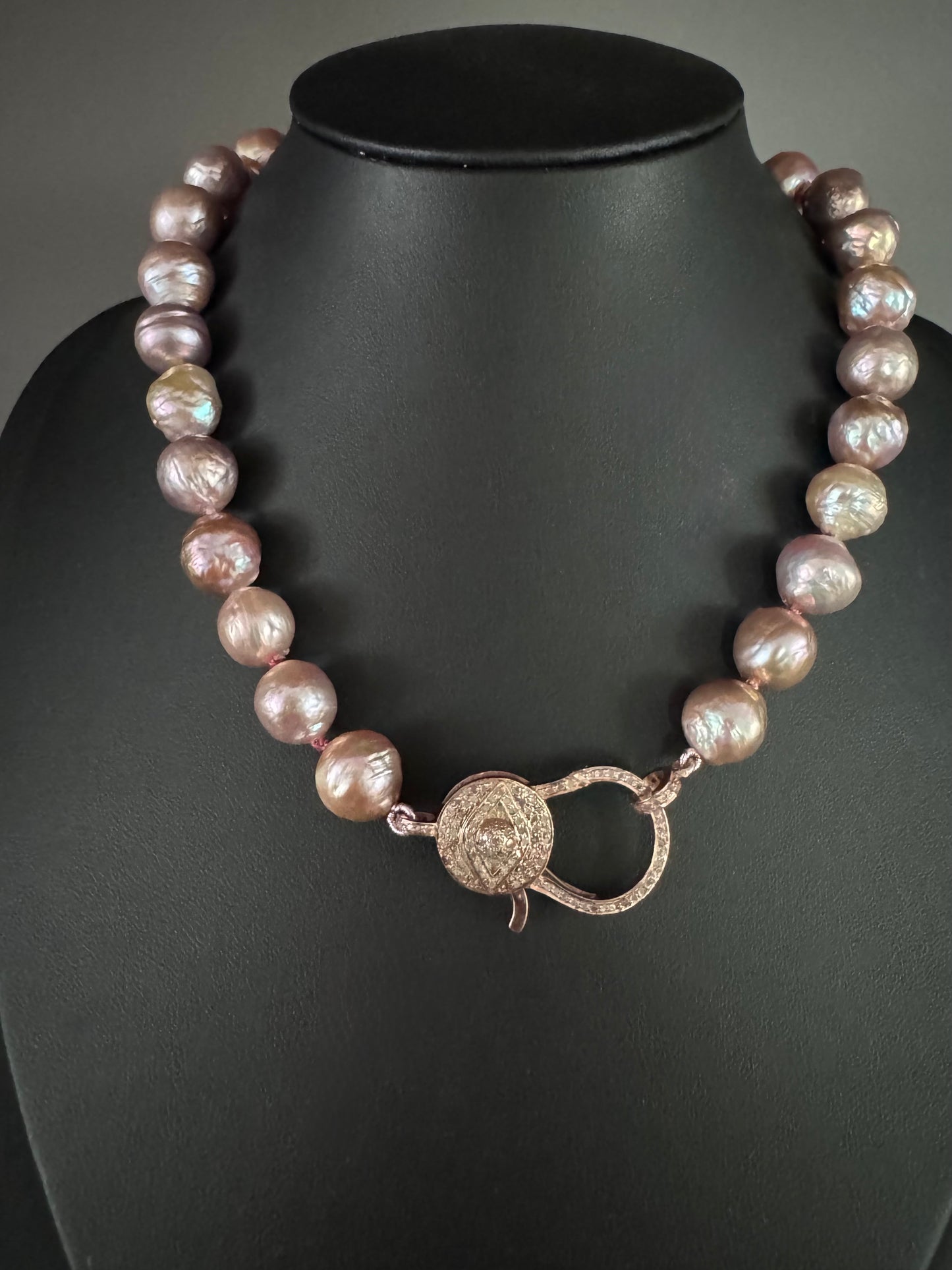 Blush Talisman – Metallic Pink Wrinkle Edison Pearl Necklace with Rose Gold Pavé Diamond Evil Eye Clasp