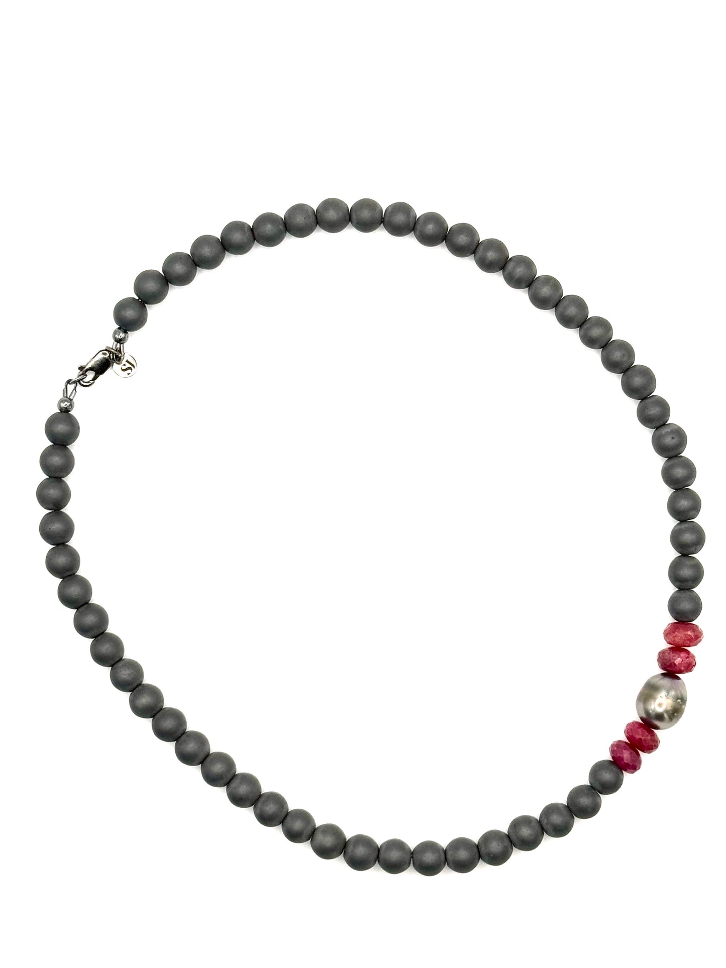 Pinky Grey Tahitian Pearl Ruby Grey Hematite Bead Necklace