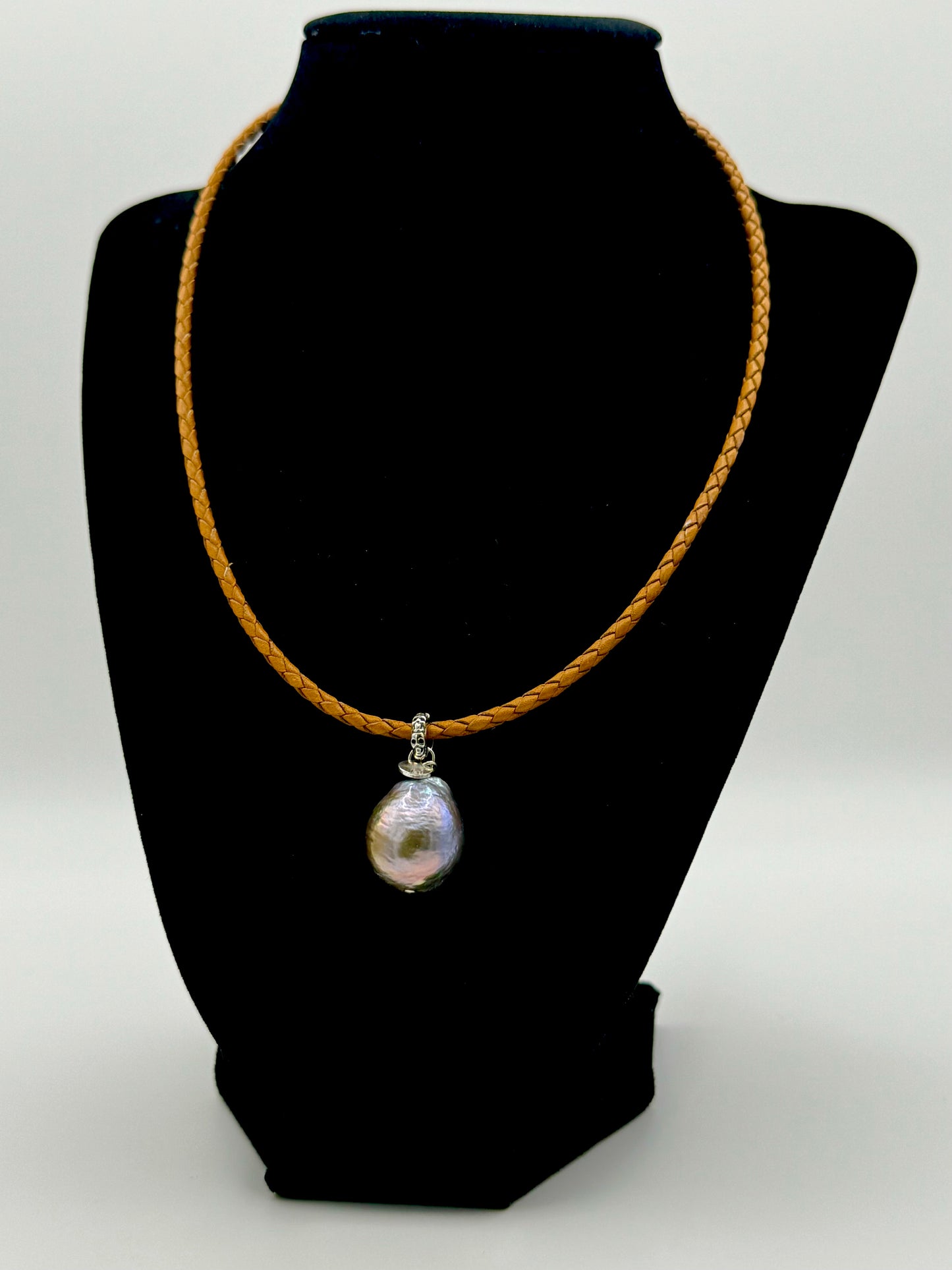 Metallic Baroque Freshwater Pearl Tan Leather Necklace