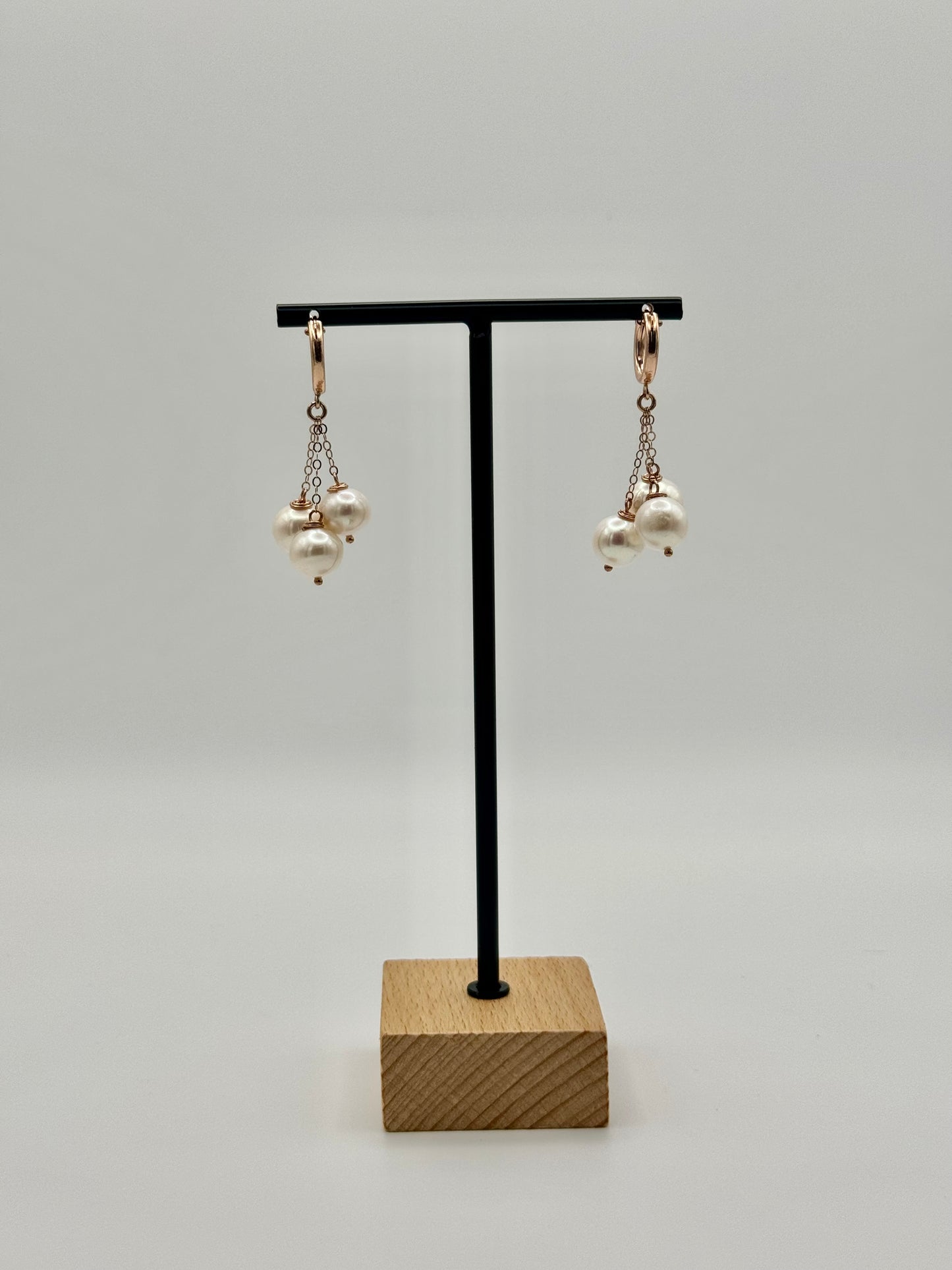 White Edison Pearl Rose Gold Hoop Dangle Earrings