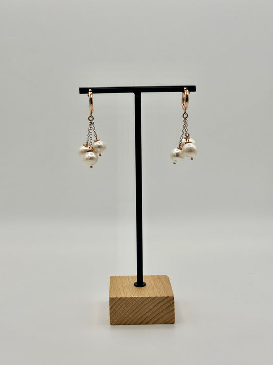 White Edison Pearl Rose Gold Hoop Dangle Earrings