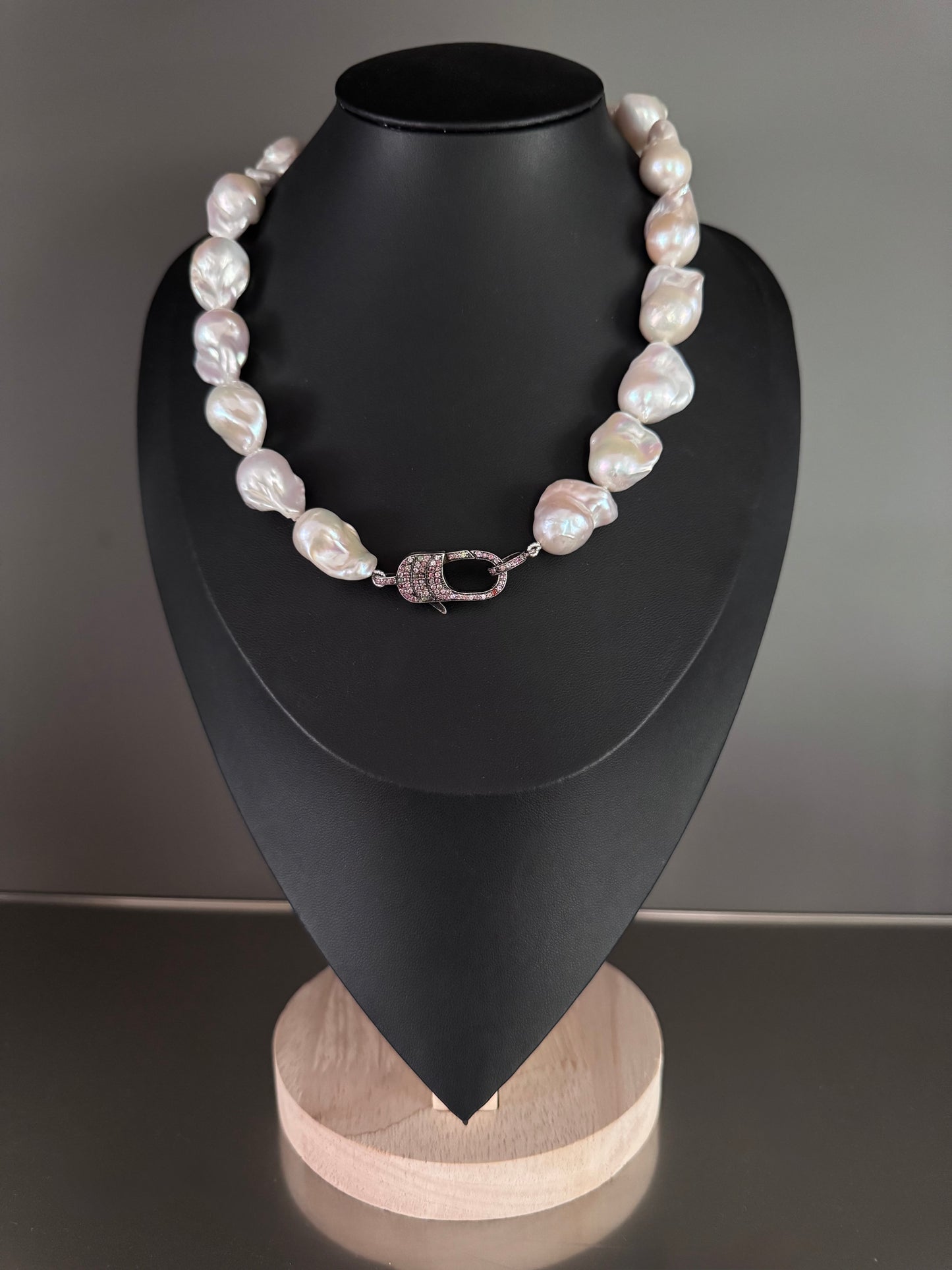 Salt Crest – White Baroque Freshwater Pearl Necklace with Pavé Tourmaline Oxidized Silver Clasp
