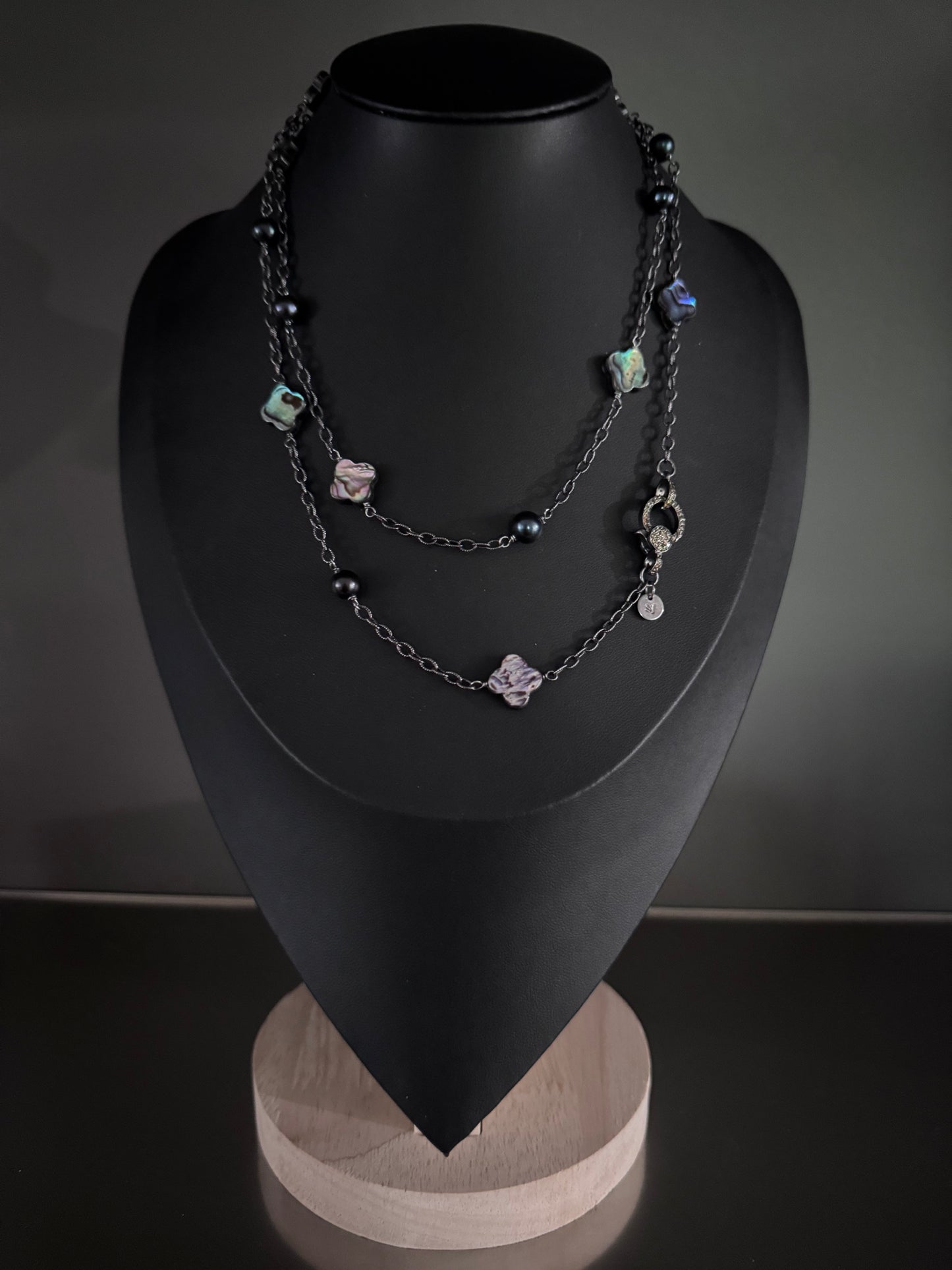 Shadow Bloom – Abalone & Black Pearl Station Necklace
