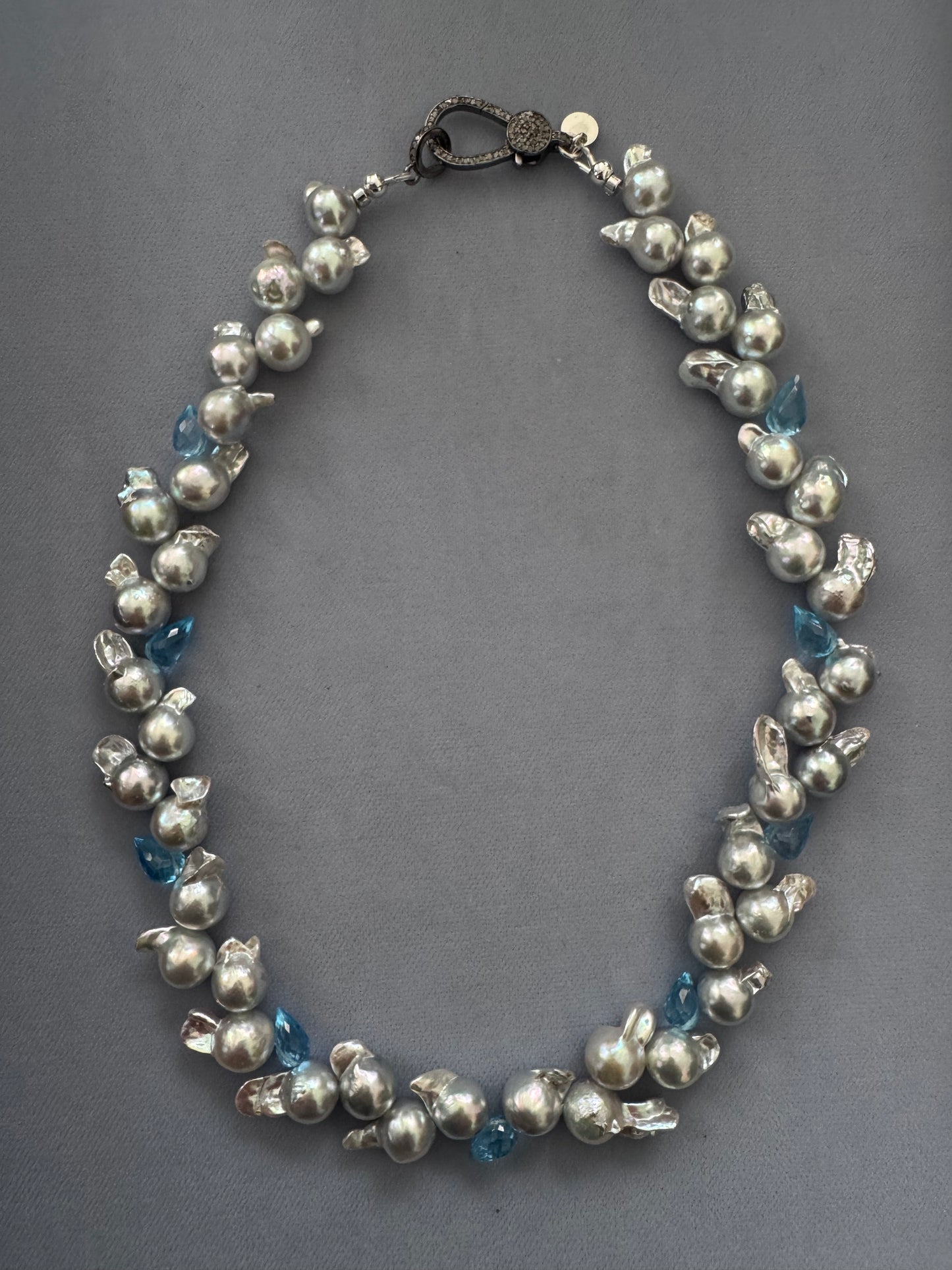 Blue Cascade – Baroque Akoya Pearl & Topaz Necklace