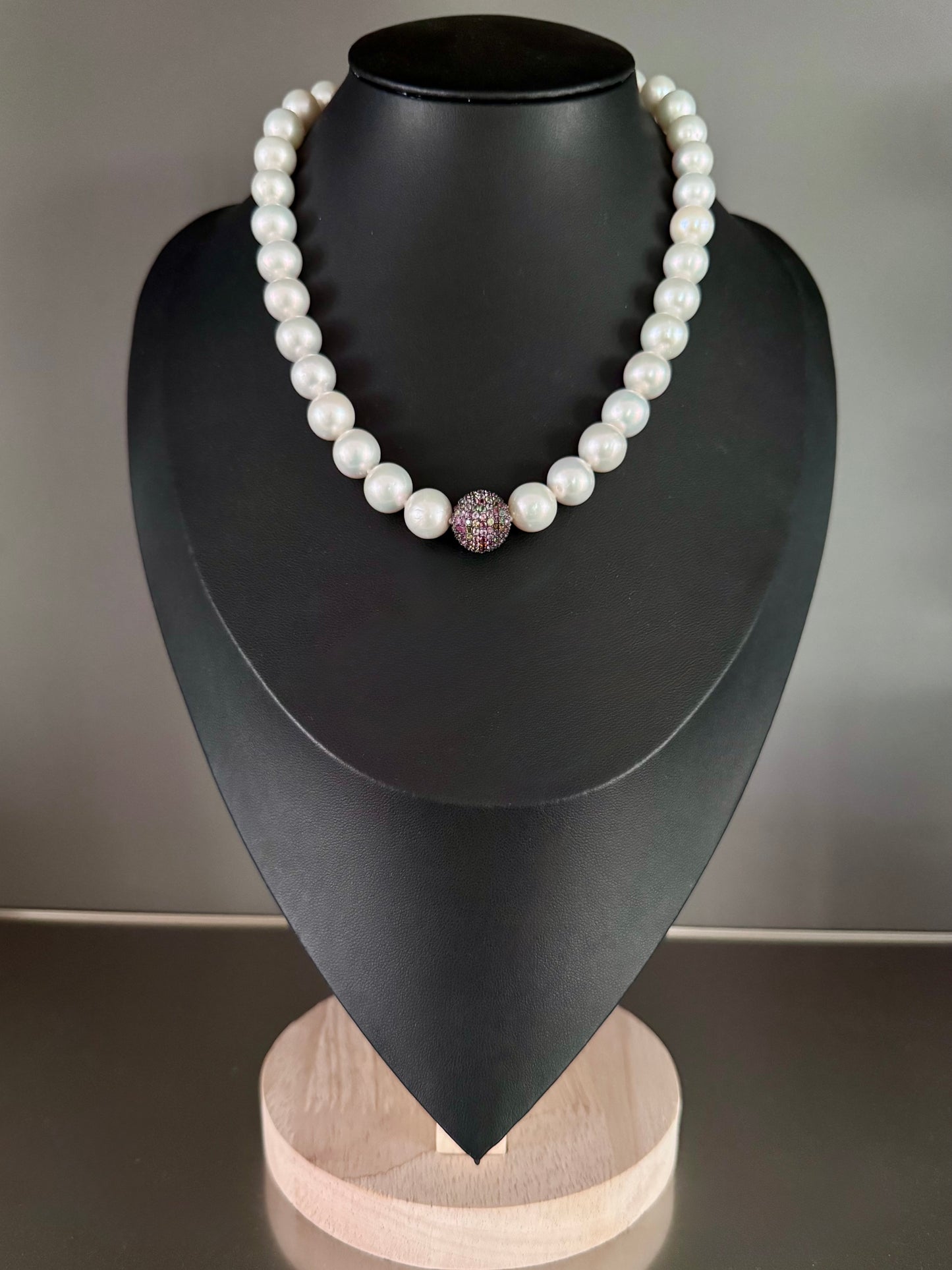 Nova – White Edison Pearl Necklace with Pavé Tourmaline Accent and Oxidized Silver Pavé Diamond Clasp