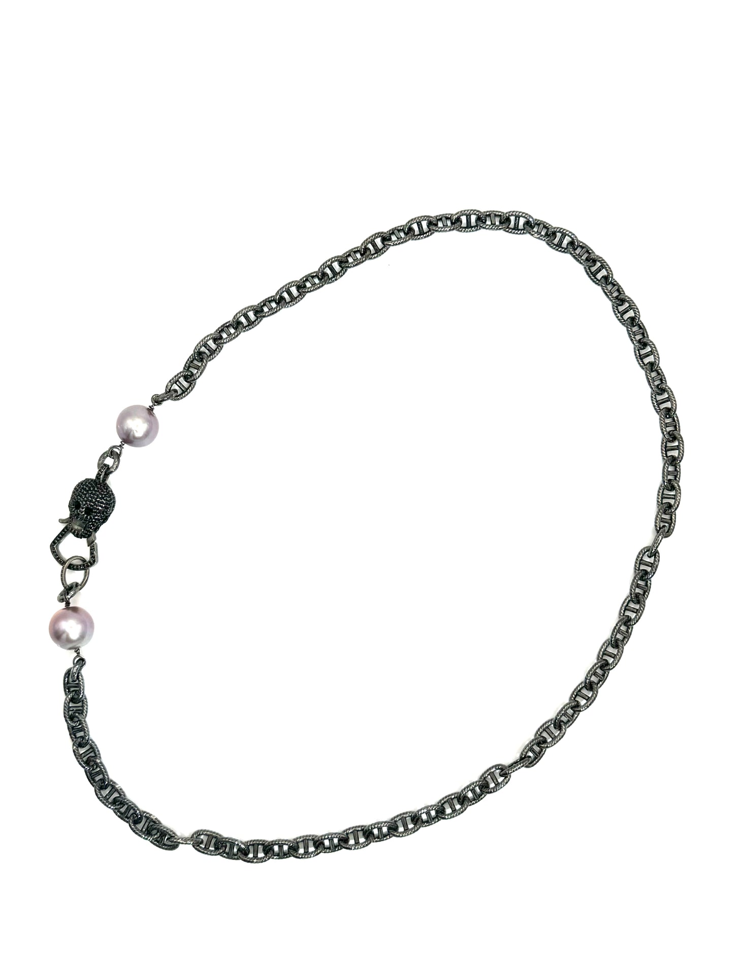 Midnight Enchantment Necklace: Black Rhodium Mariner Link Chain with Pink Edison Pearls and Black Spinel Skull Clasp