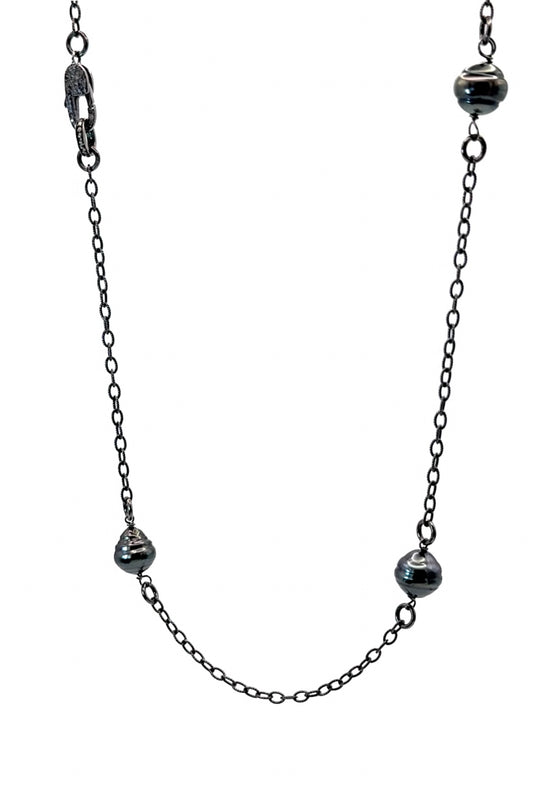 10mm Tahitian Pearls Oxidized Silver Pave Diamond Clasp Black Rhodium Textured Cable Link Chain Necklace