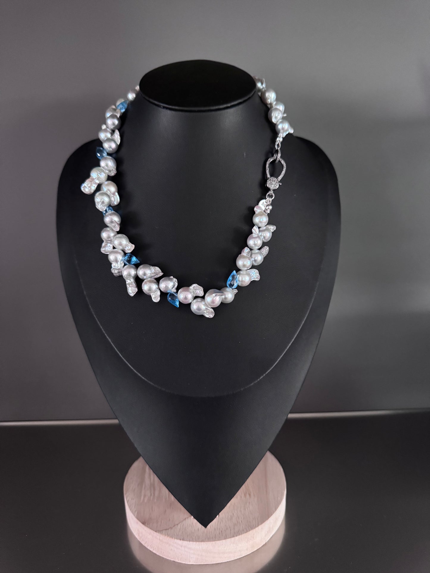 Blue Cascade – Baroque Akoya Pearl & Topaz Necklace