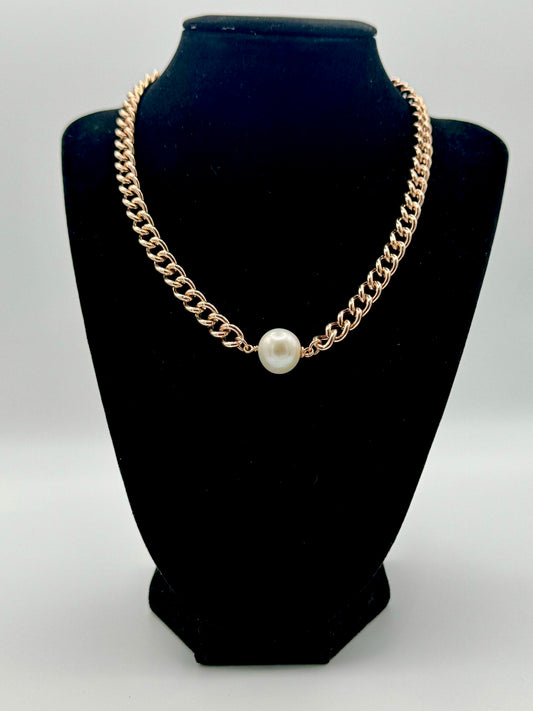 White Edison Pearl Rose Gold Curb Link Necklace