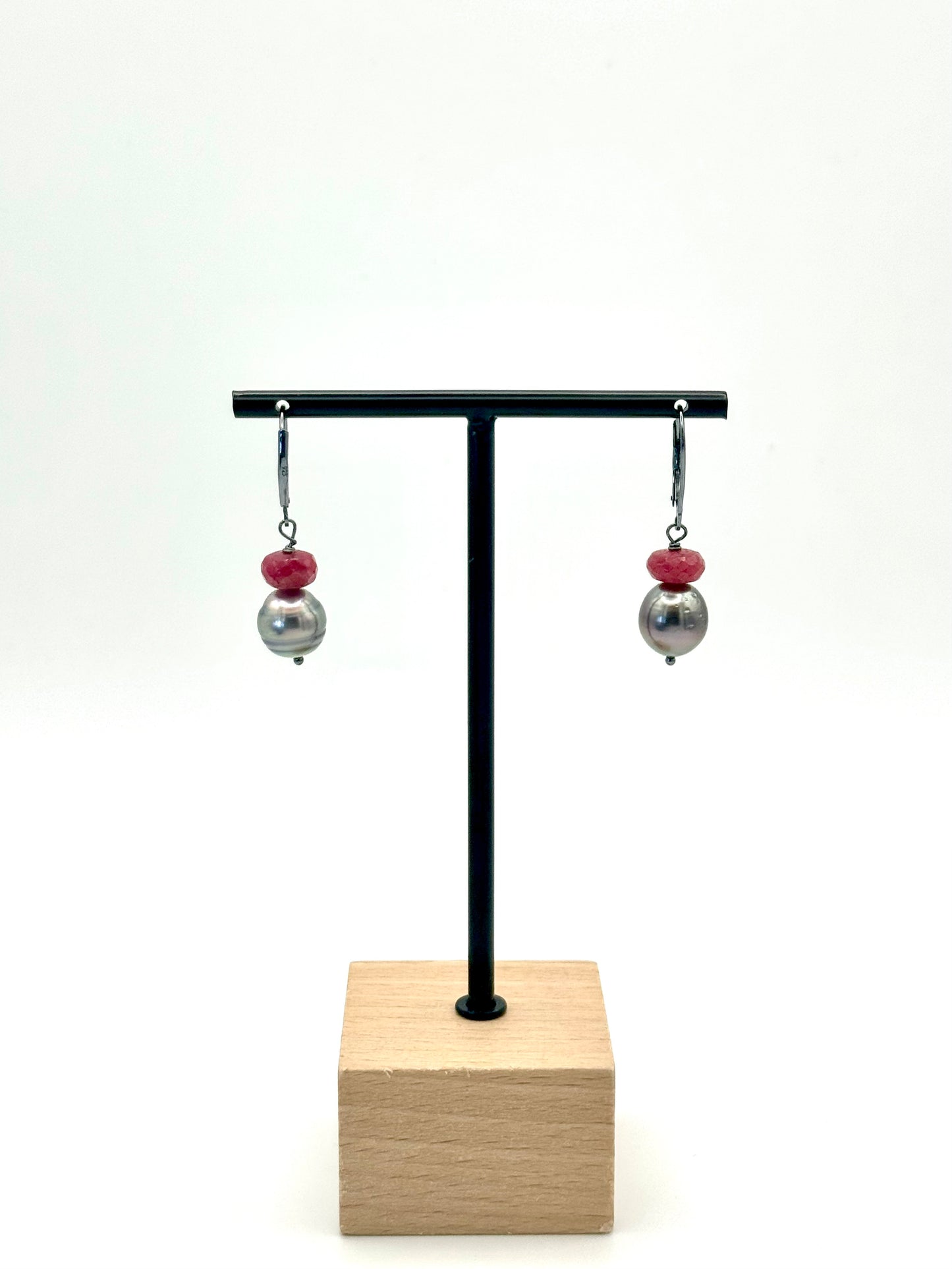 10mm Tahitian Pearl Ruby Oxidized Silver Lever Back Earrings