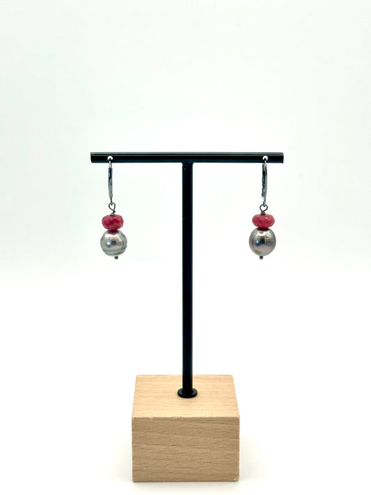 10mm Tahitian Pearl Ruby Oxidized Silver Lever Back Earrings