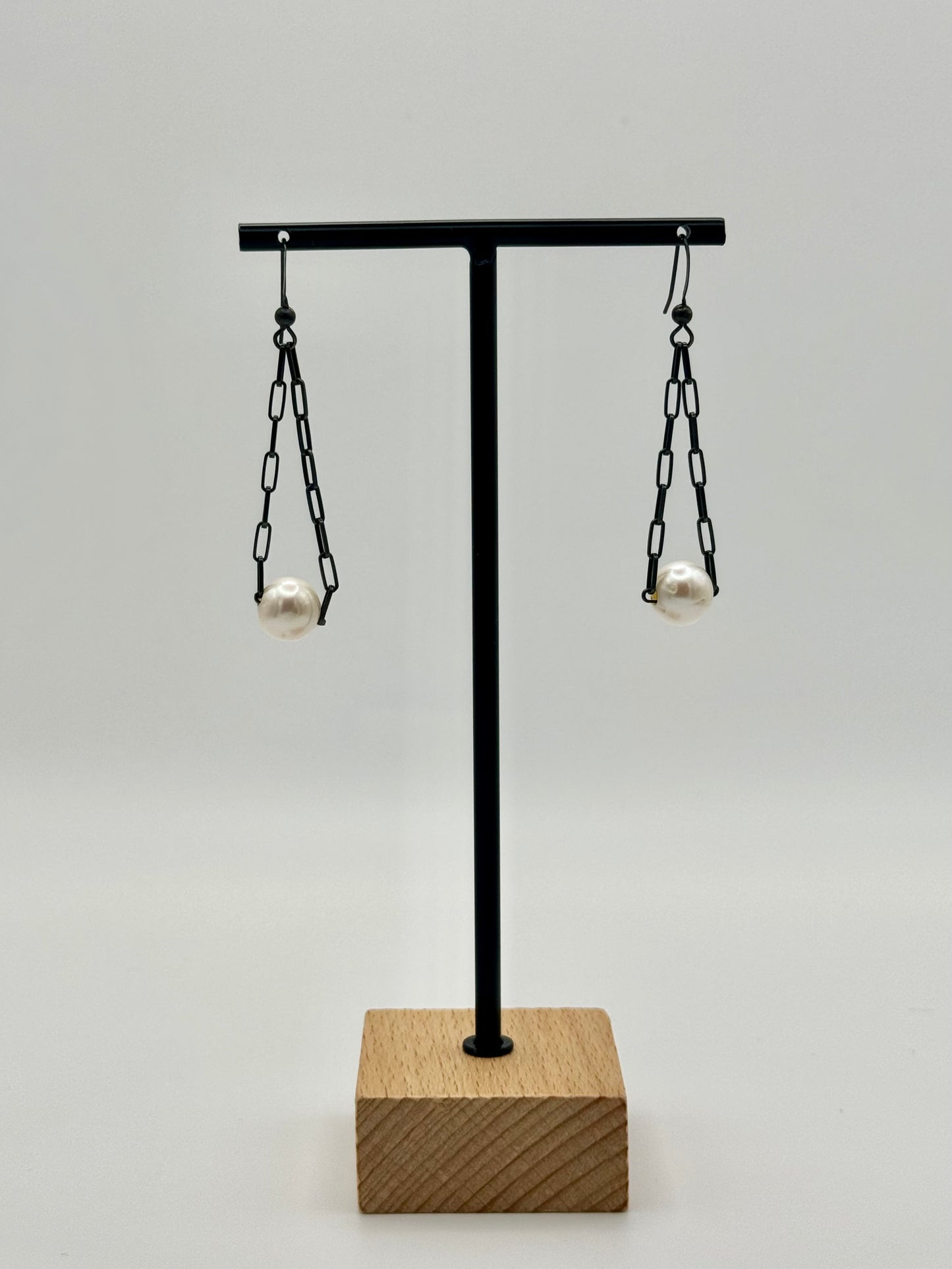 White Freshwater Pearl Oxidized Silver Dangle Earrings