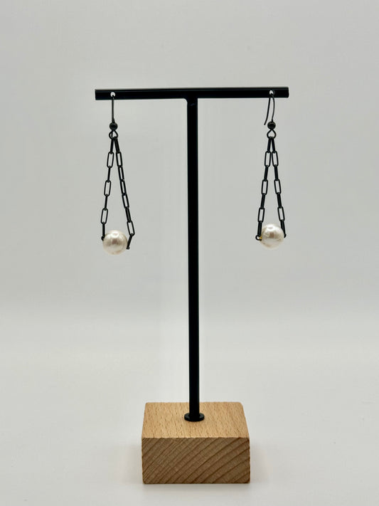 White Freshwater Pearl Oxidized Silver Dangle Earrings