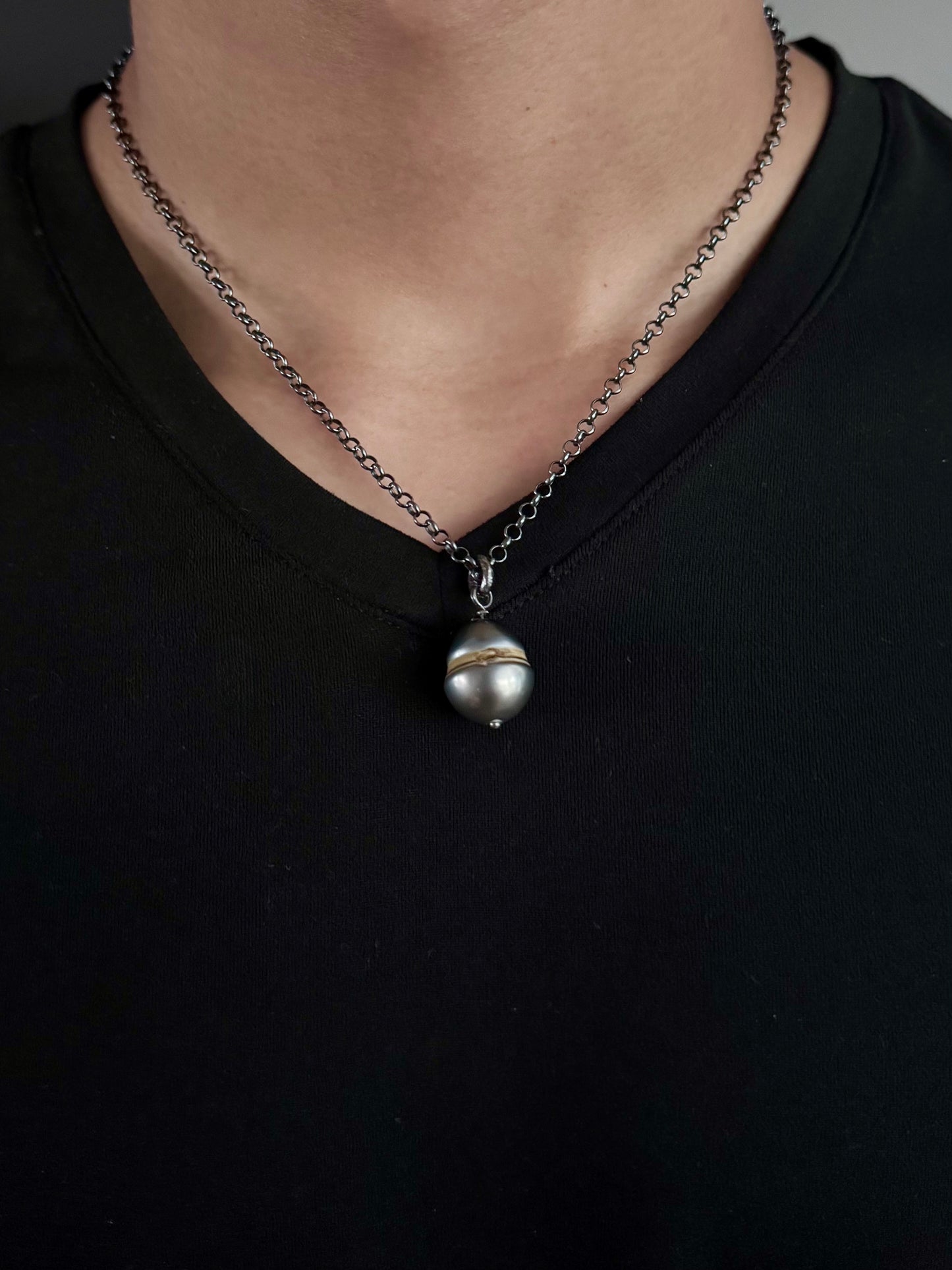 19x16mm Baroque Tahitian Pearl on Oxidized Silver Necklace