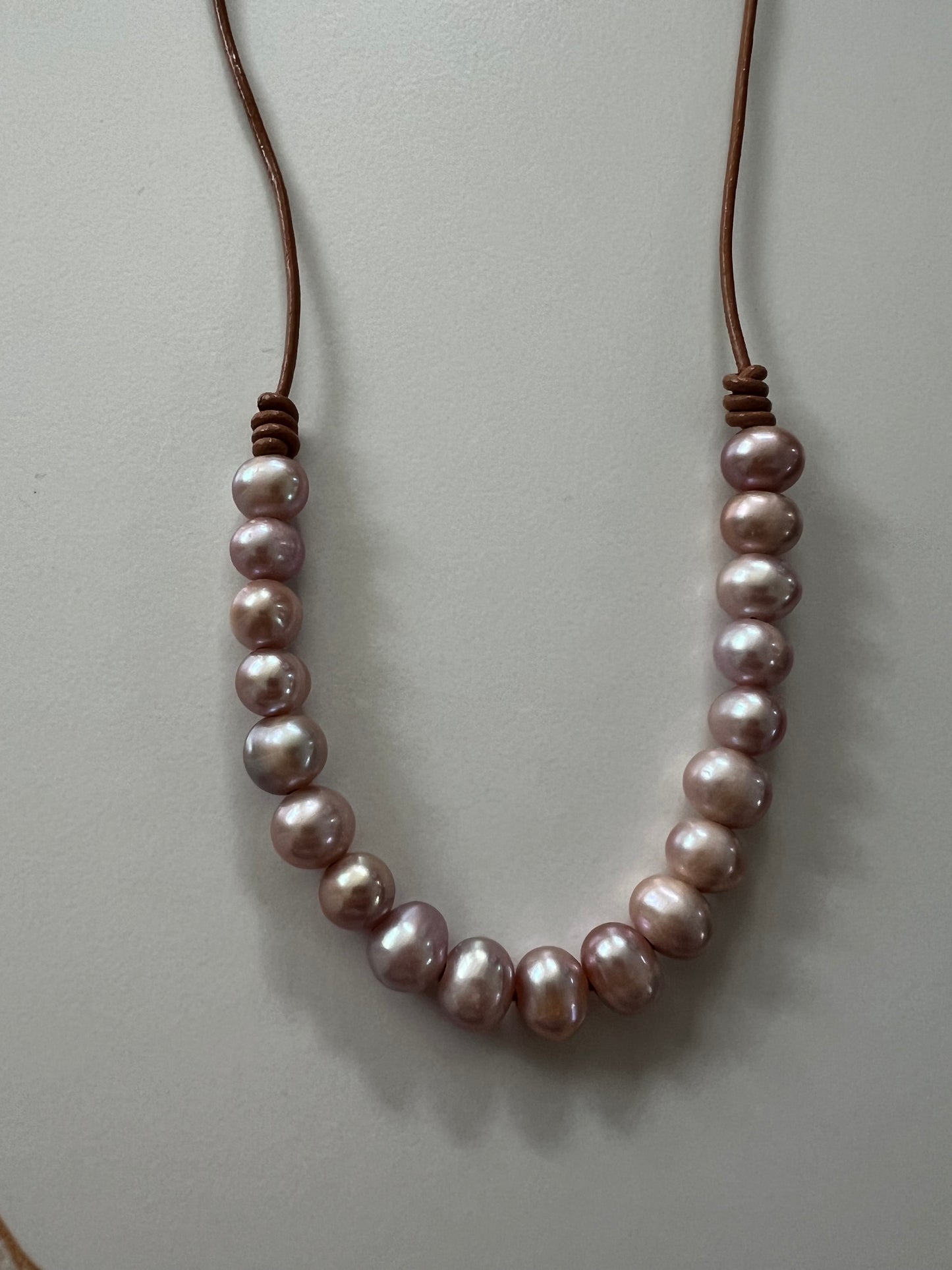 9mm Mauve Freshwater Pearls on Camel Leather Cord Necklace