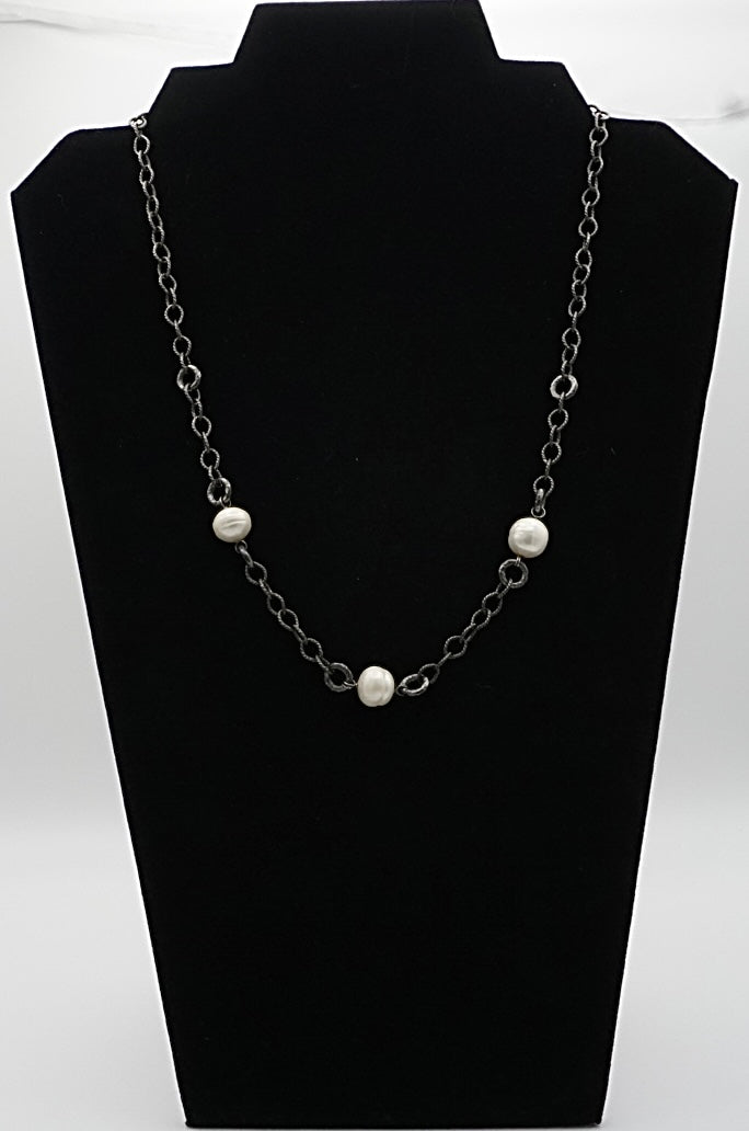 11mm White Baroque Pearls on Oxidized Silver Necklace