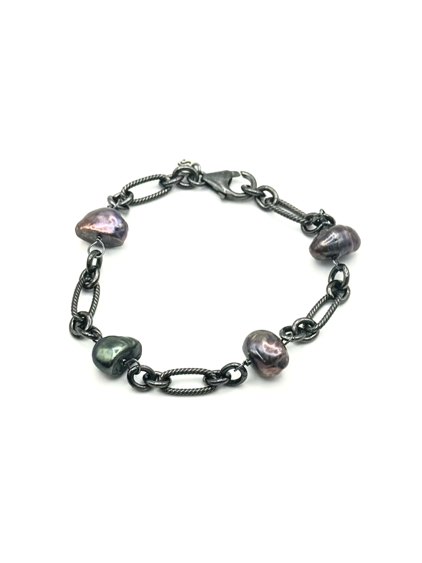 Keshi Freshwater Pearls Black Rhodium Silver Station Bracelet