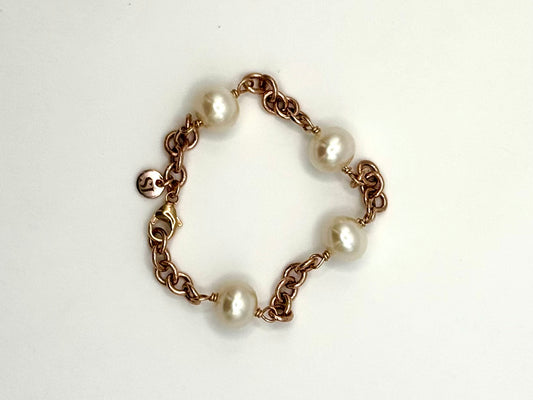 White Freshwater Pearls Rose Gold Station Bracelet