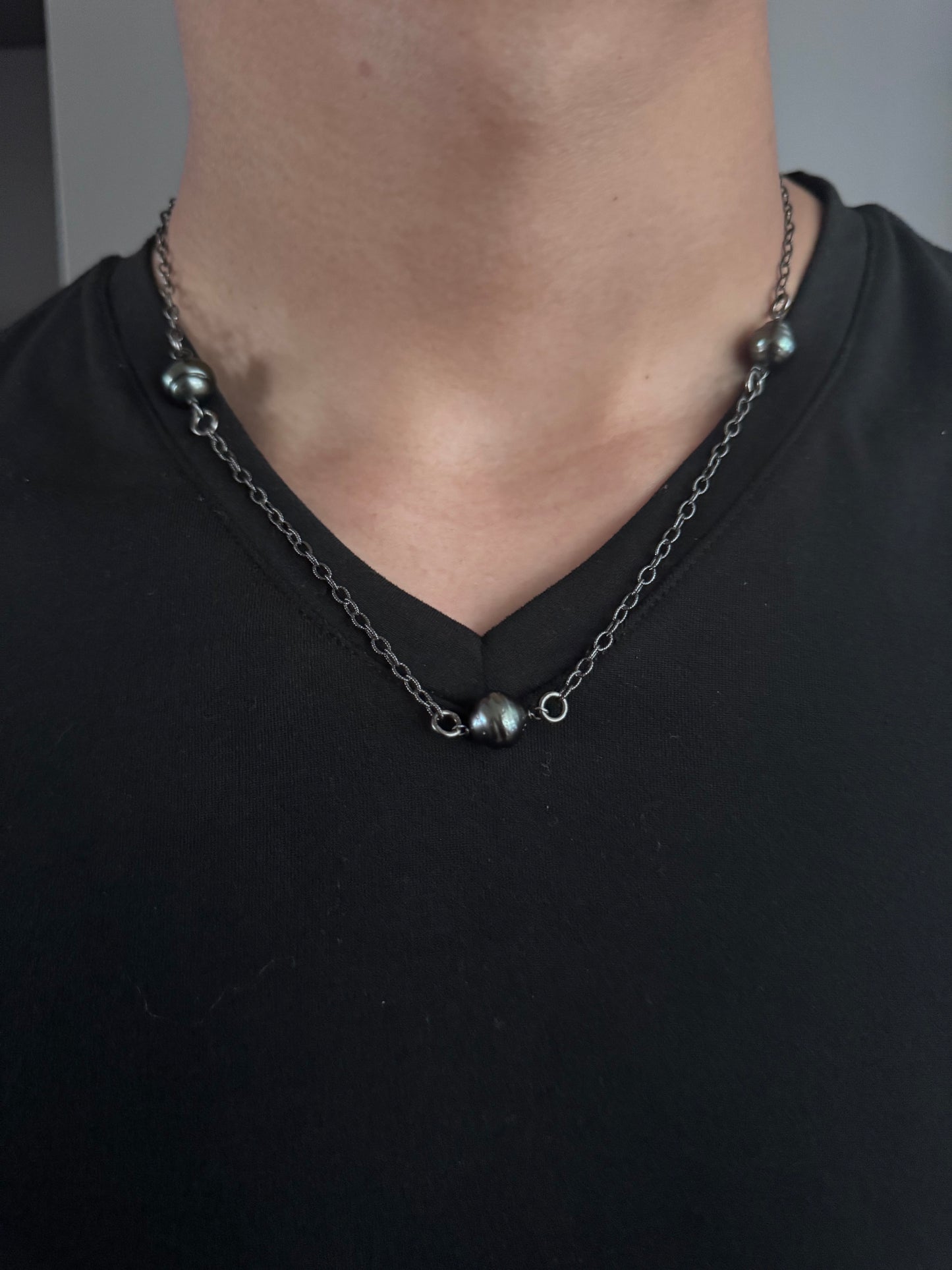 10mm Tahitian Pearls Oxidized Silver Pave Diamond Clasp Black Rhodium Textured Cable Link Chain Necklace