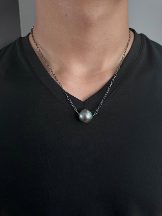 Modern 16mm Tahitian Pearl on Oxidized Silver Necklace