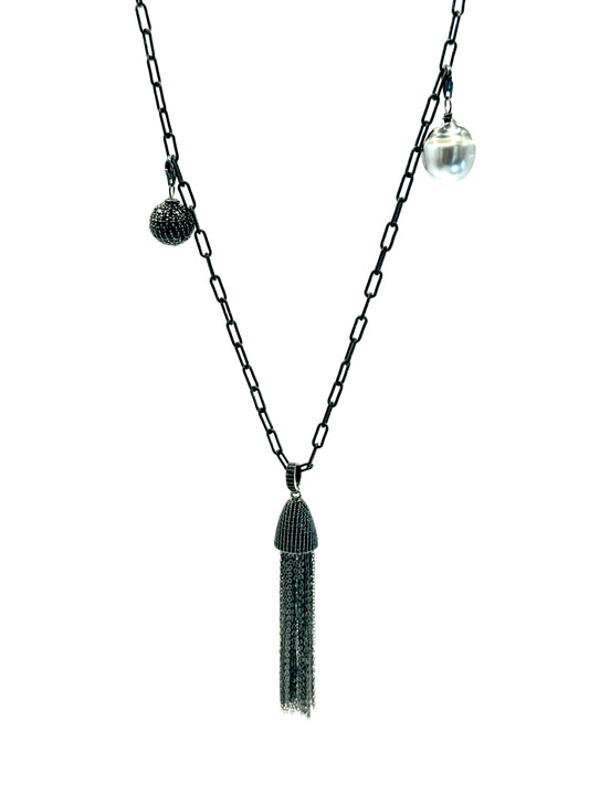 Grey Tahitian Pearl and Black Spinel Bead Tassel Necklace