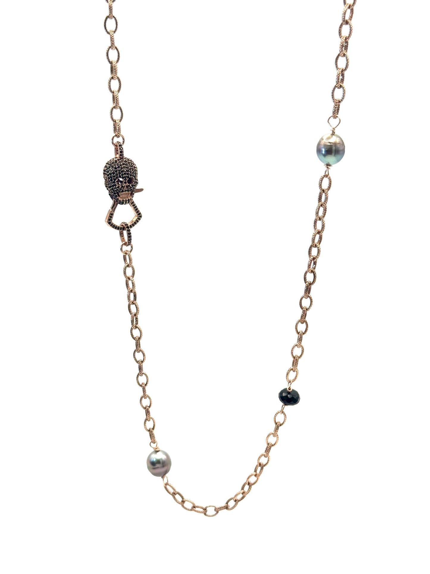 Midnight Mystique Necklace: Rose Gold Necklace with Black Spinel Skull Clasp, Tahitian Pearls, and Spinel Beads