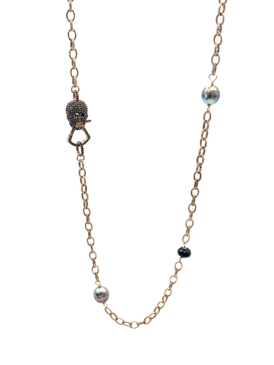 Midnight Mystique Necklace: Rose Gold Necklace with Black Spinel Skull Clasp, Tahitian Pearls, and Spinel Beads