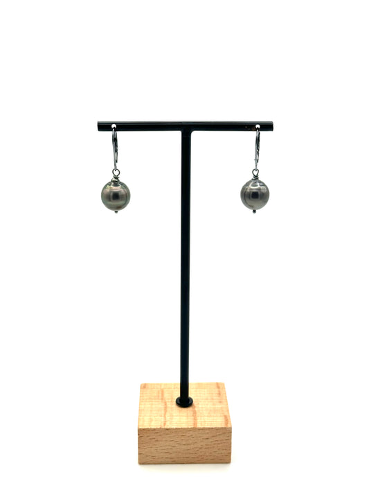 12mm Pinky Grey Tahitian Pearl Oxidized Silver Lever Back Earrings
