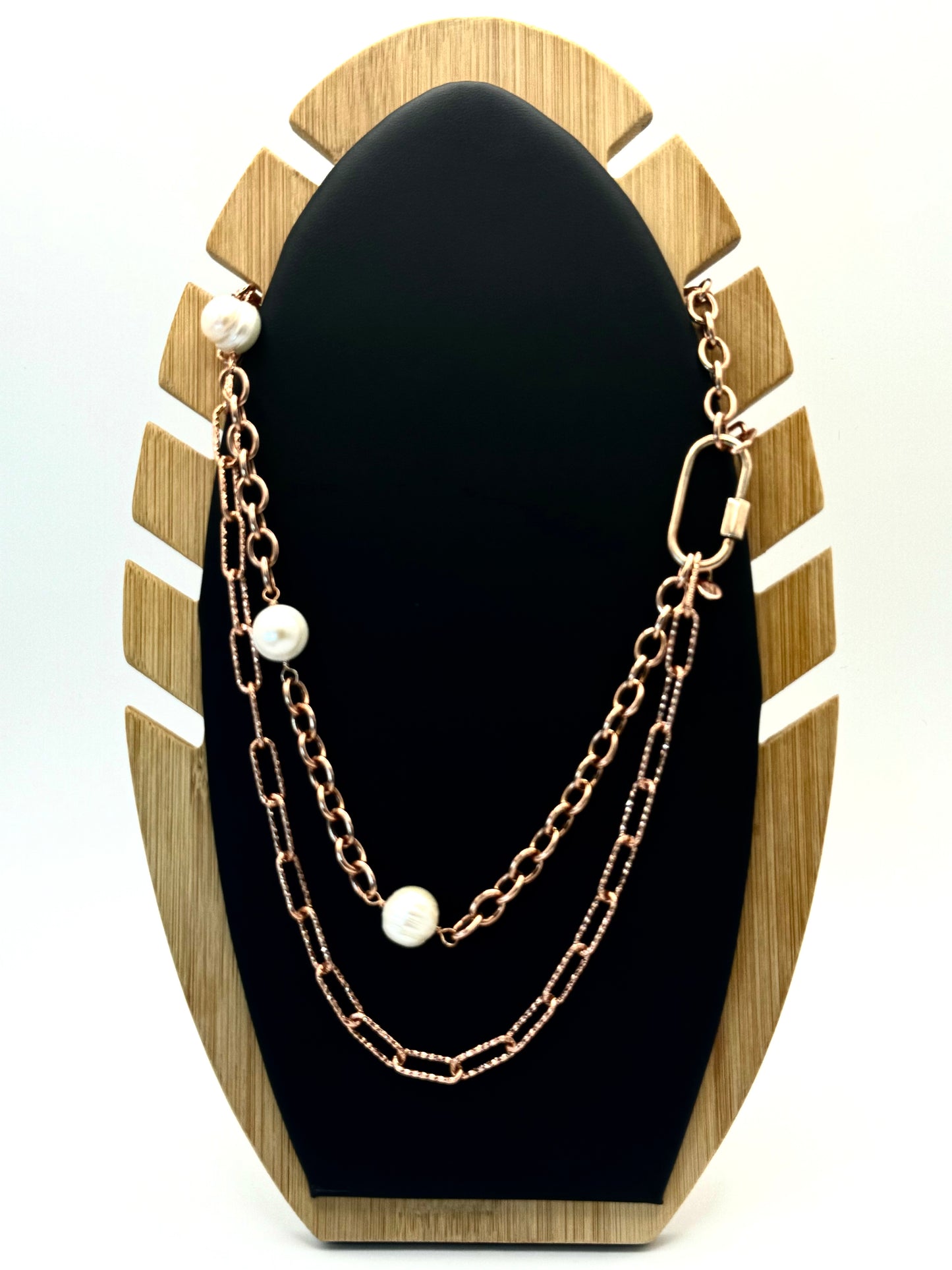 Rose Gold Cascade Necklace: Versatile Necklace with White Pearls on Two Layered Chains