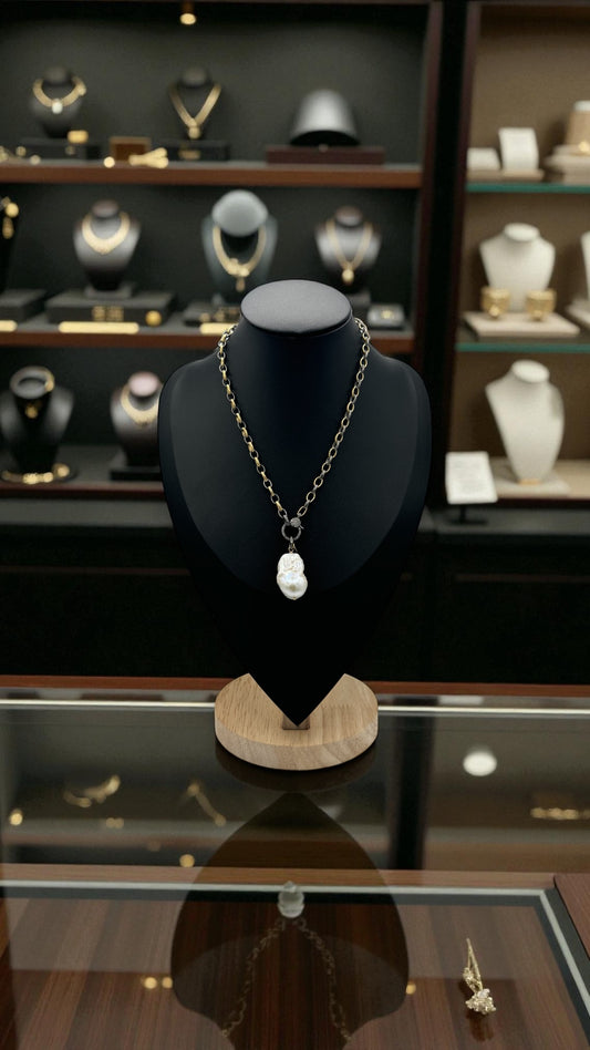 Ethereal Axis Necklace- White Baroque Pearl Pendant on Two Tone Chain