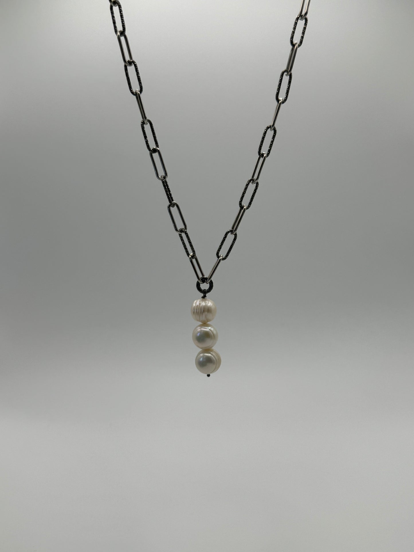 White Freshwater Pearl Pendant on Black Rhodium and Sterling Silver Mix Paperclip Chain Necklace