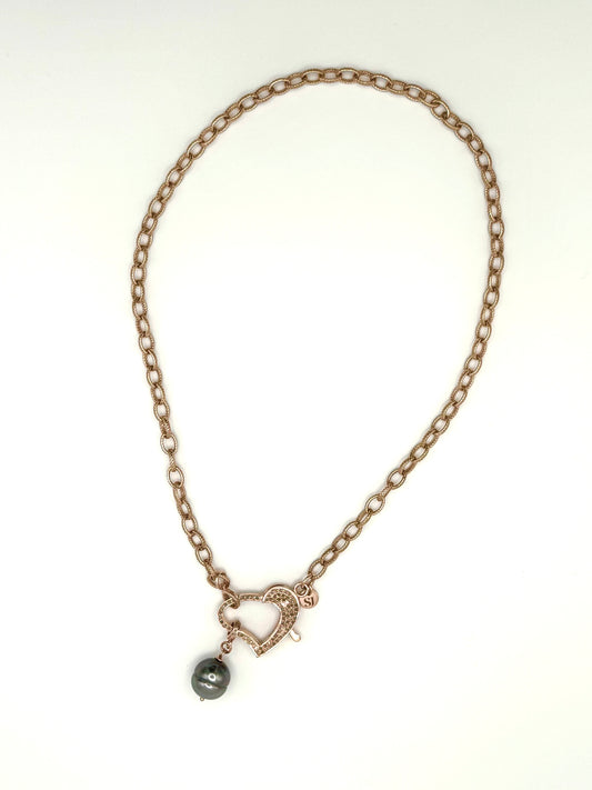 Rosé Mirage Necklace -Rose Gold Diamond Heart Tahitian Pearl Necklace