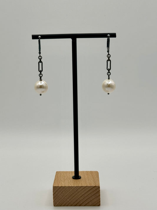 12mm White Potato Freshwater Pearl Oxidized Silver Texture Dangle Earring