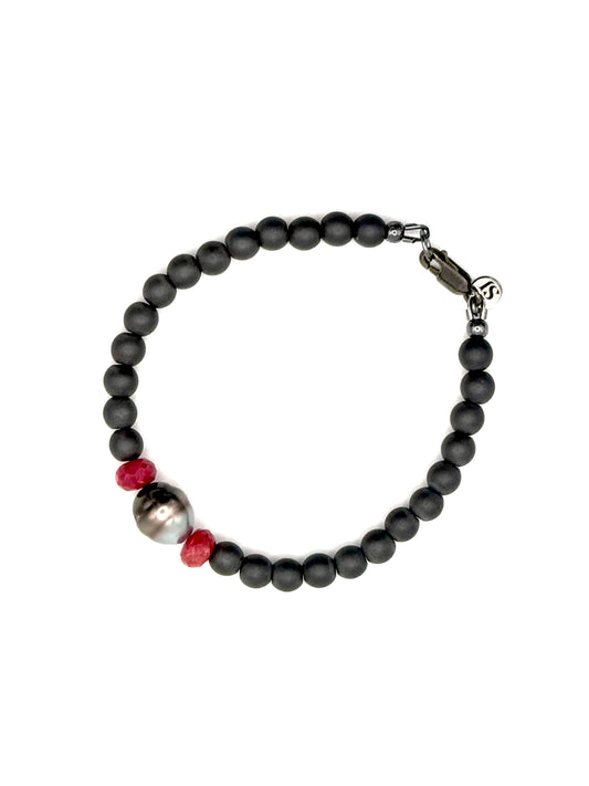Pinky Grey Tahitian Pearl Ruby Grey Hematite Bead Bracelet