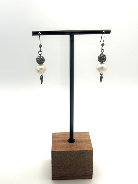 Modern White Baroque Pearl and Diamond Dangle Earrings