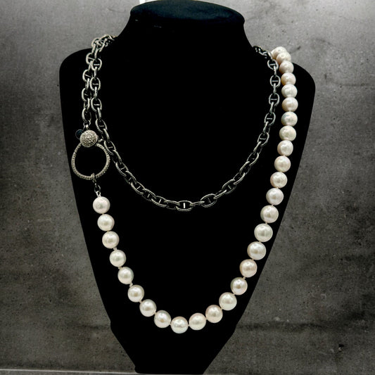 Linea – White Edison Pearl & Black Rhodium Mariner Link Chain Necklace