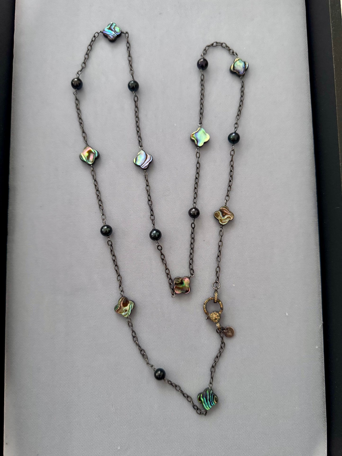 Shadow Bloom – Abalone & Black Pearl Station Necklace