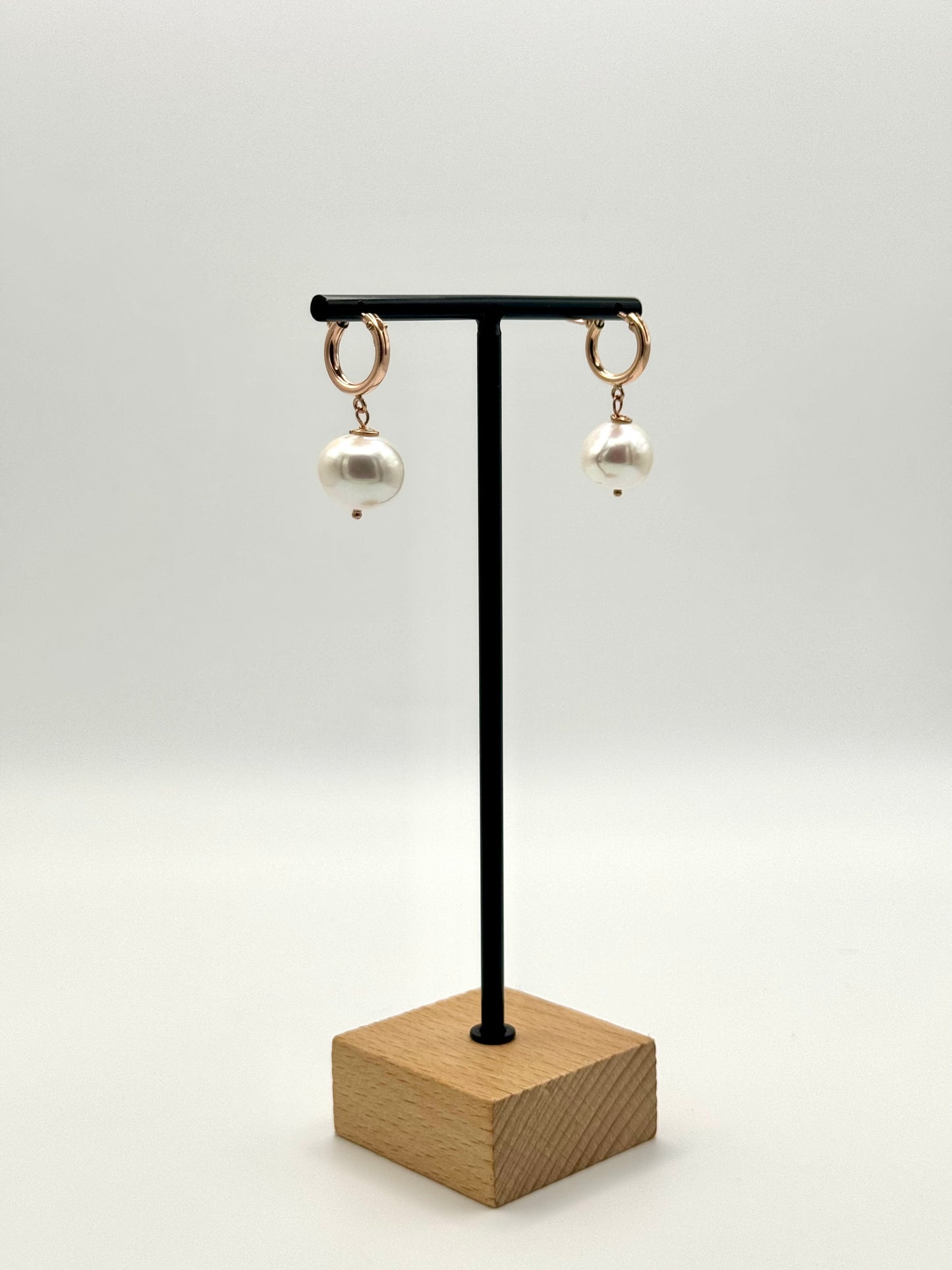 13mm White Edison Pearl Rose Gold Hoop Earrings