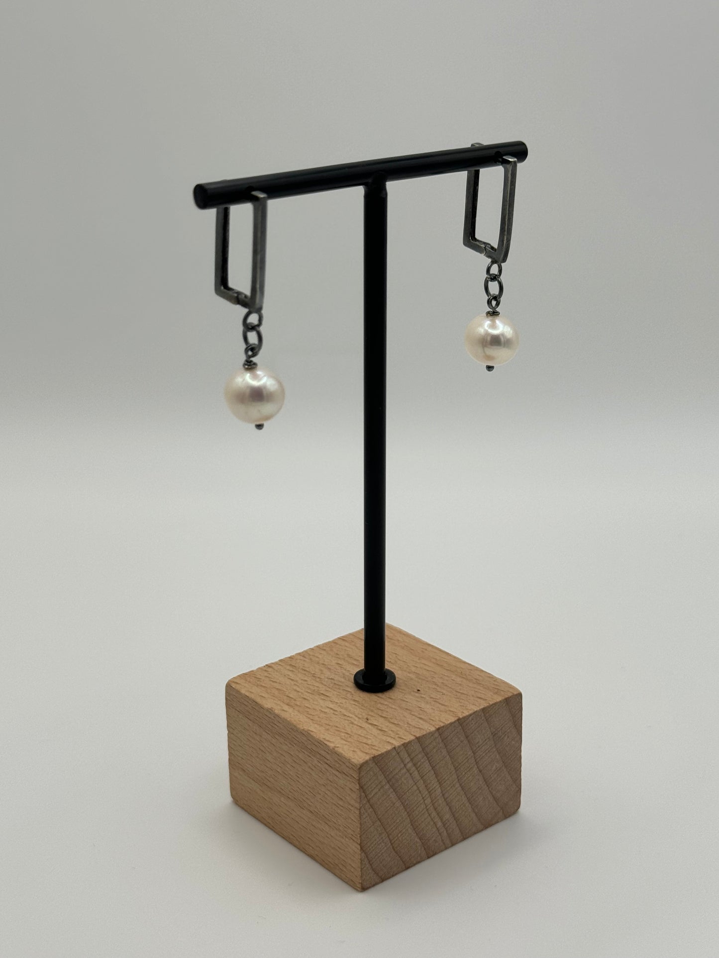 White Freshwater Pearl Oxidized Rectangle Hoop Earrings