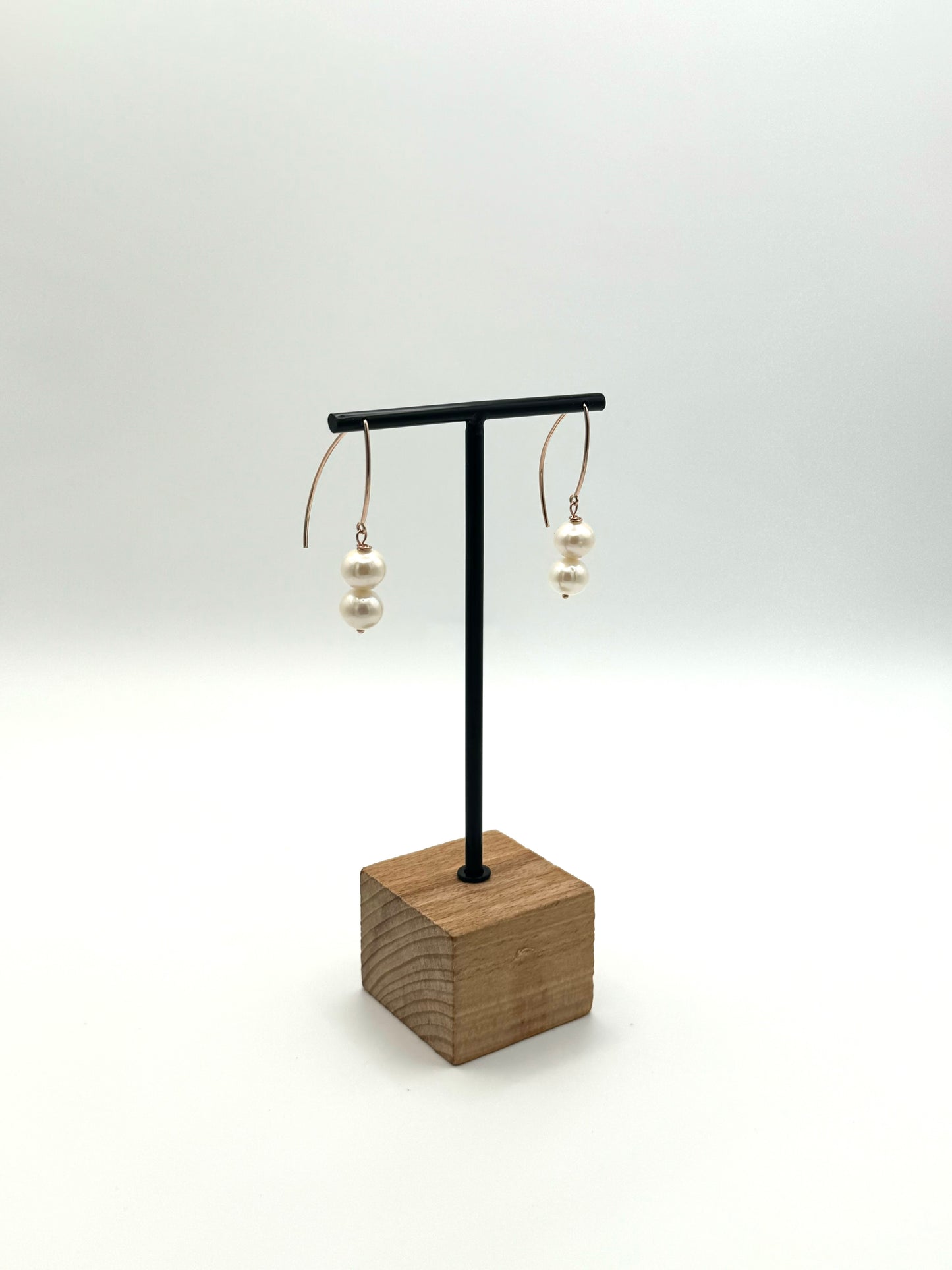 Double White Freshwater Pearl Rose Gold Earrings