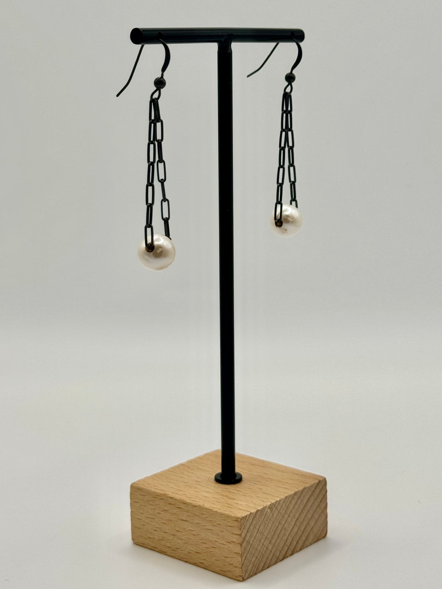 White Freshwater Pearl Oxidized Silver Dangle Earrings