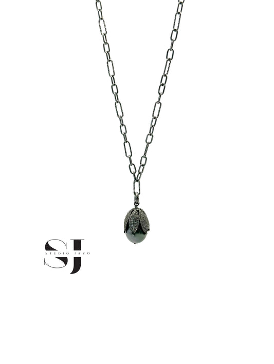 Diamond Flower Cap Tahitian Pearl Pendant Necklace