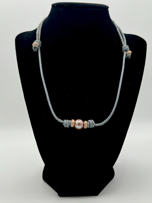 Metallic Pink Edison Pearl Rose Gold Diamond Rondelles Grey Leather Necklace