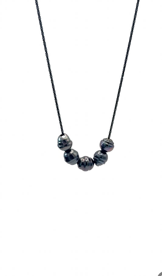 10mm Circle Tahitian Pearls on Black Rhodium Silver Necklace