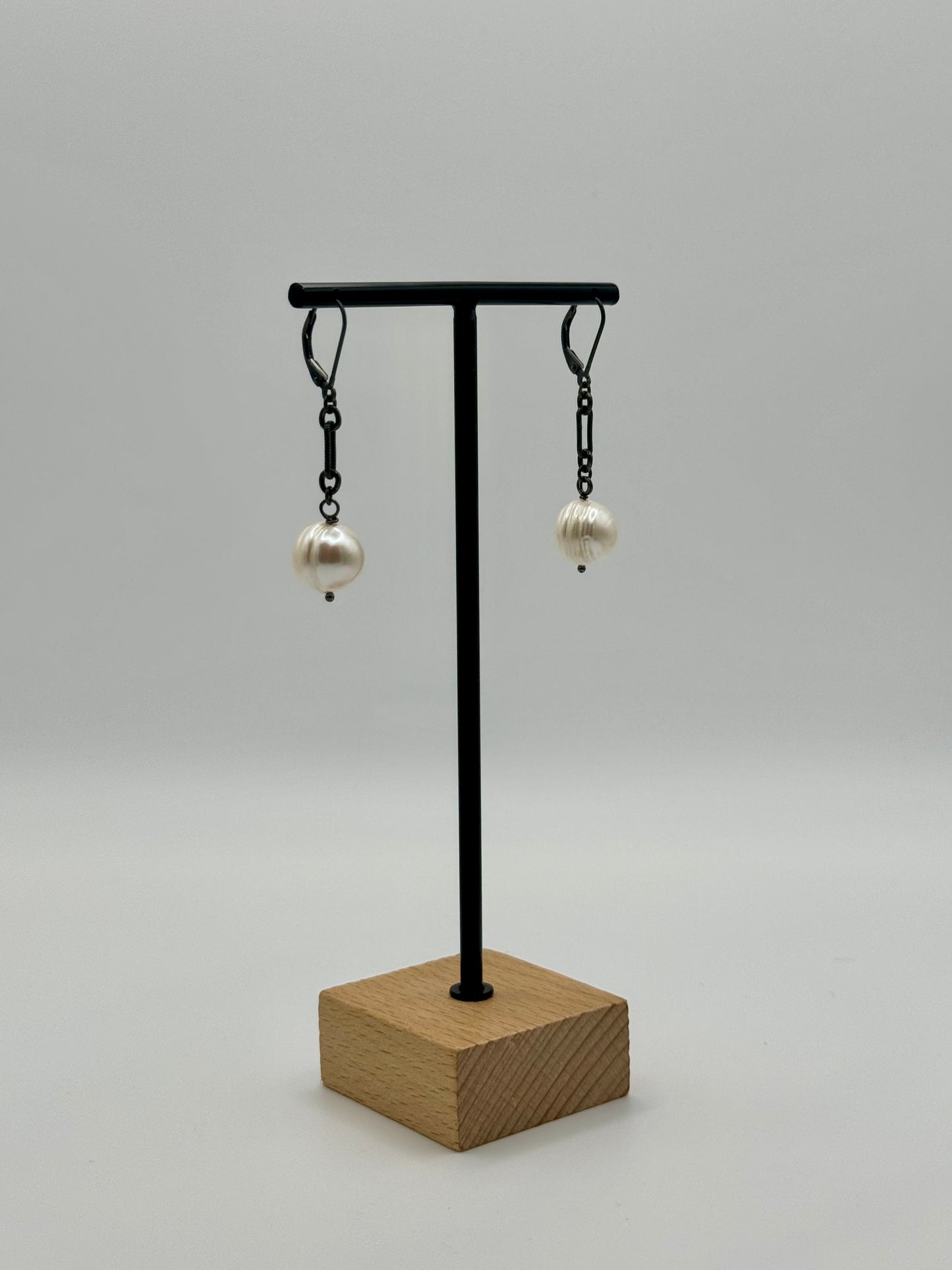 12mm White Potato Freshwater Pearl Oxidized Silver Texture Dangle Earring
