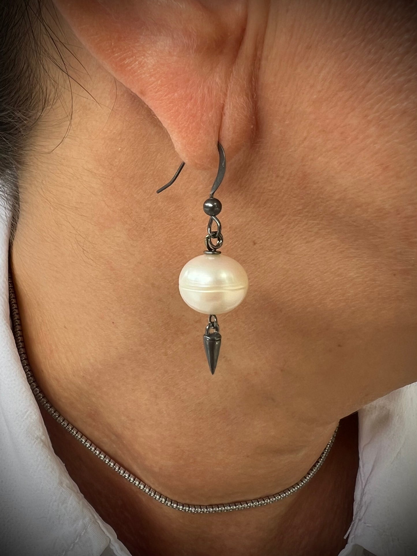 11mm White Potato Freshwayer Pearl and Spike Earrings
