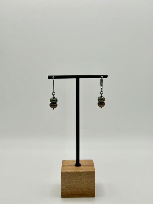 Button Peacock Freshwater Pearl Oxidized Silver Lever Back Earrings
