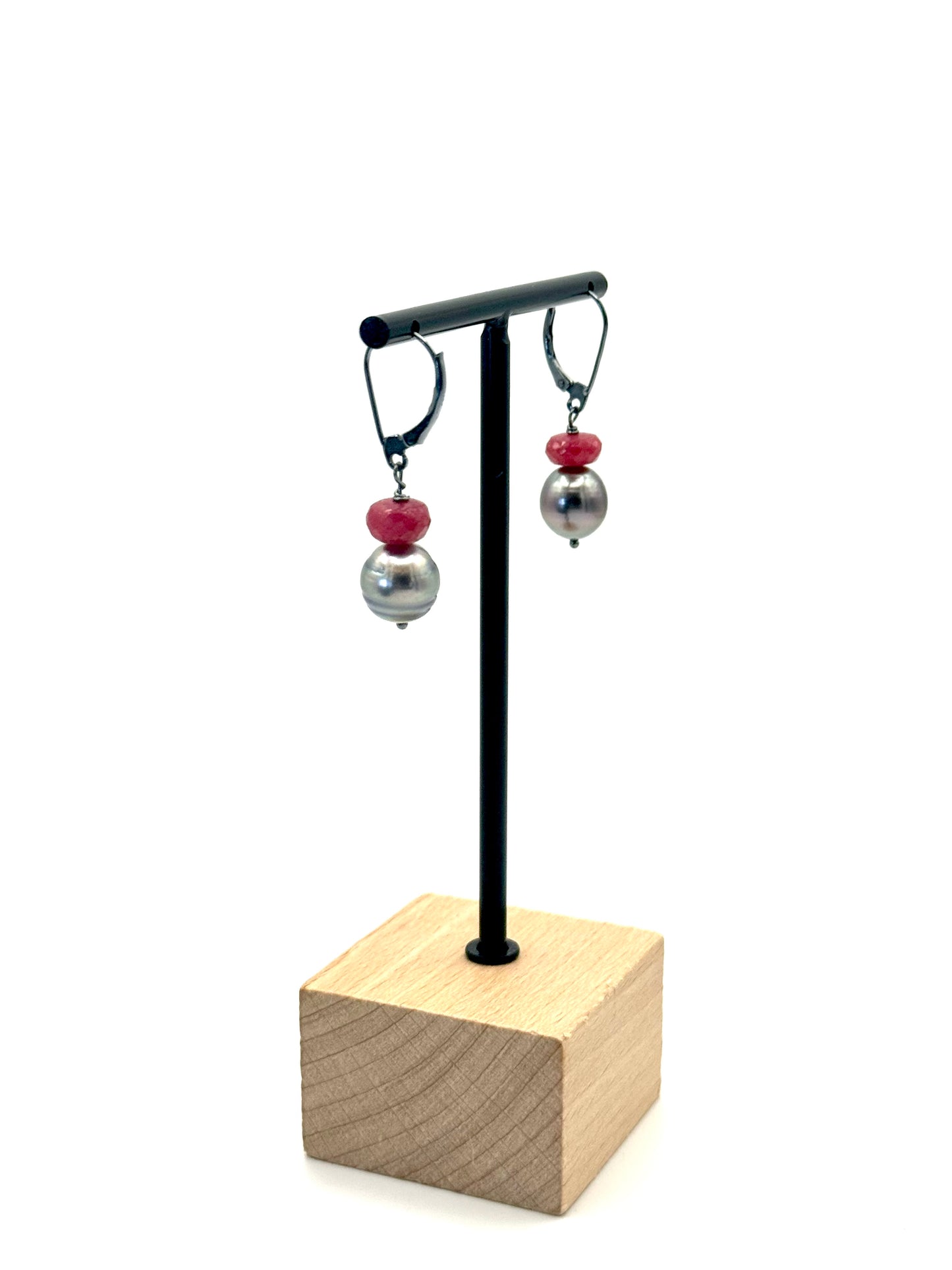 10mm Tahitian Pearl Ruby Oxidized Silver Lever Back Earrings