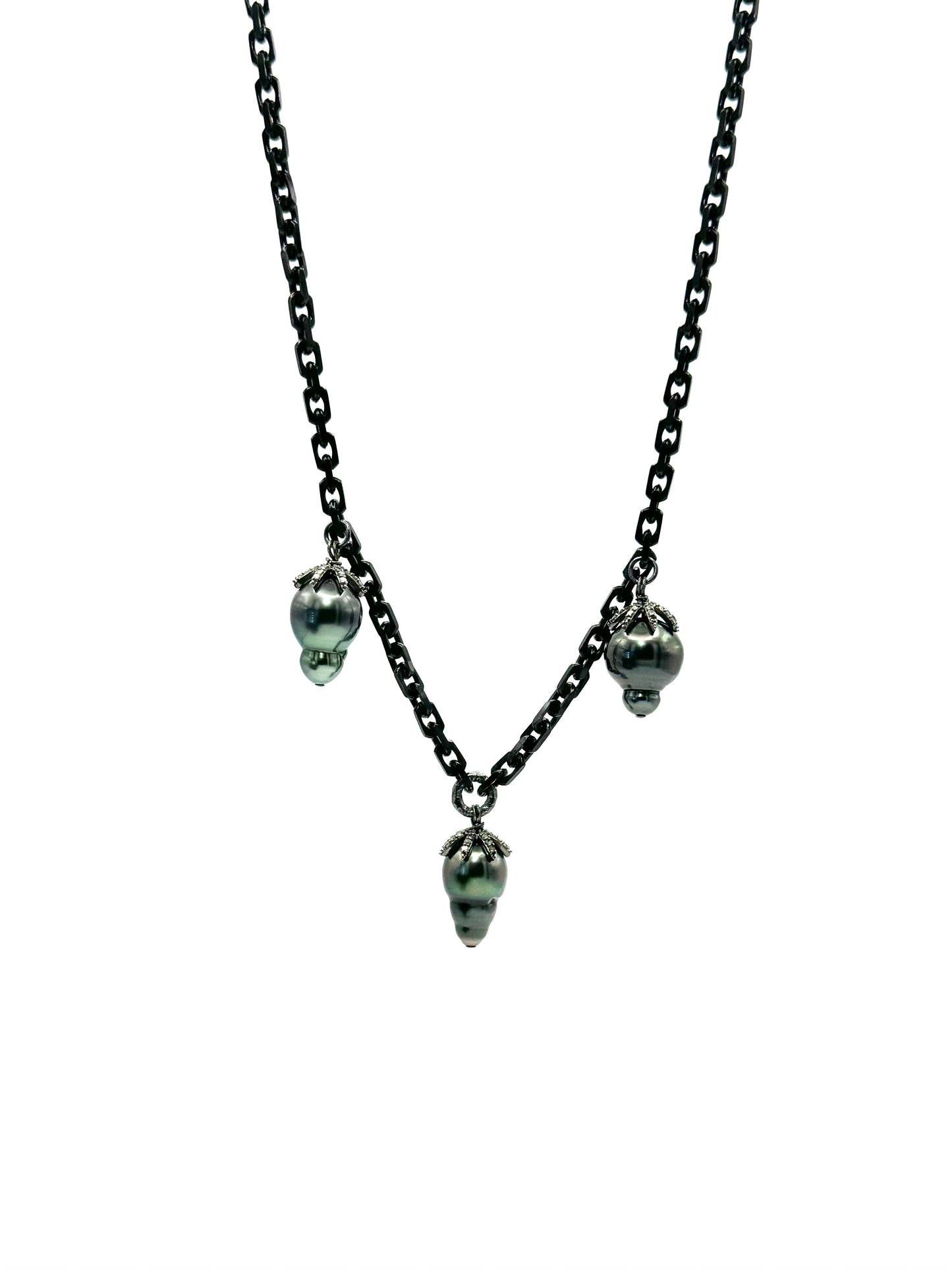 Triple Tahitian Tear Drop Black Rhodium Necklace